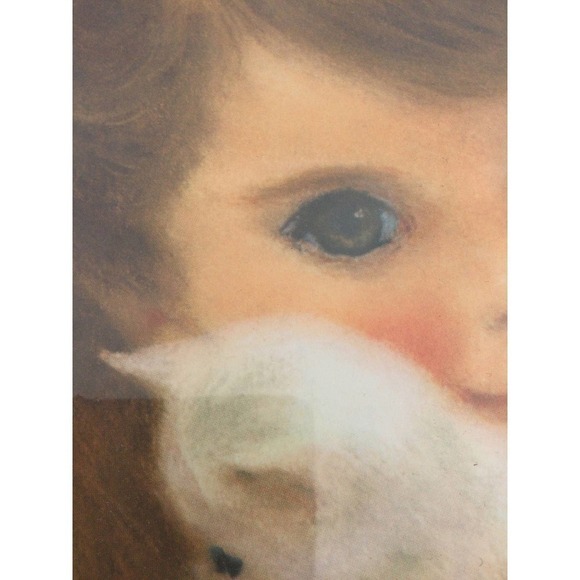 Vintage girl with white cat print brown hair hazel eyes 60s 14 x 11 MCM boho - Picture 4 of 8